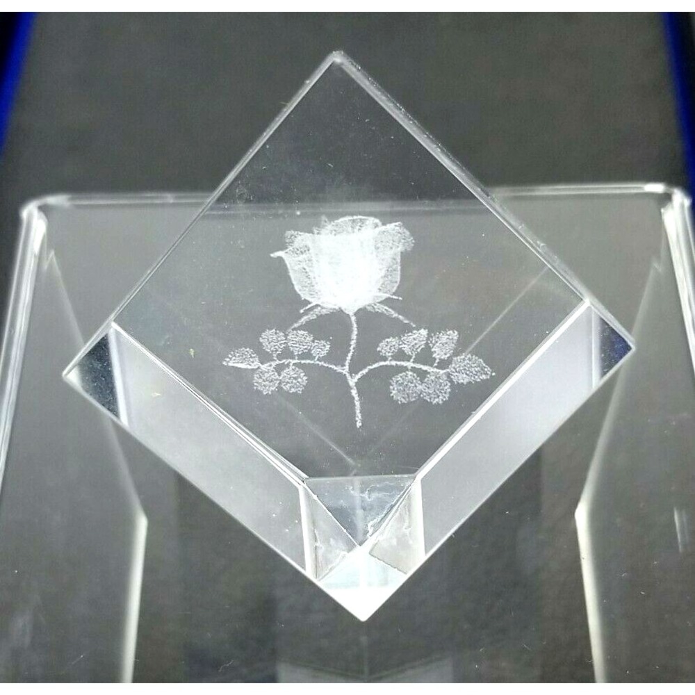 3D Laser Etched Rose on Crystal Cube Paperweight - Great "I Love You" Gift